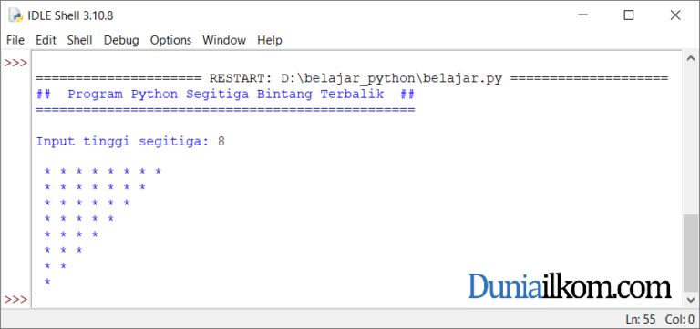 Latihan Kode Program Python Membuat Pola Segitiga Bintang Terbalik Duniailkom 8473