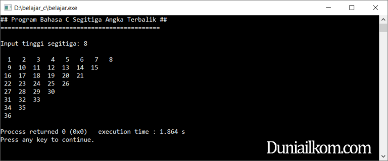Latihan Kode Program Bahasa C: Segitiga Angka Terbalik